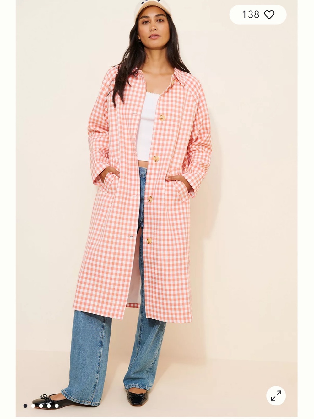 Anthropologie Pink Gingham Long Trench Coat